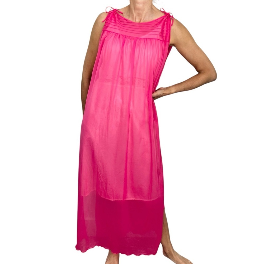 Vintage 70s AP Alepin Montreal hot pink sheer nylon long caftan maxi robe S - Picture 4 of 17